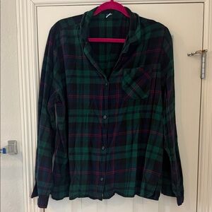 Green & Navy Blackwatch Plaid Flannel Button-Up PJ Shirt Match The Family Sz XLT